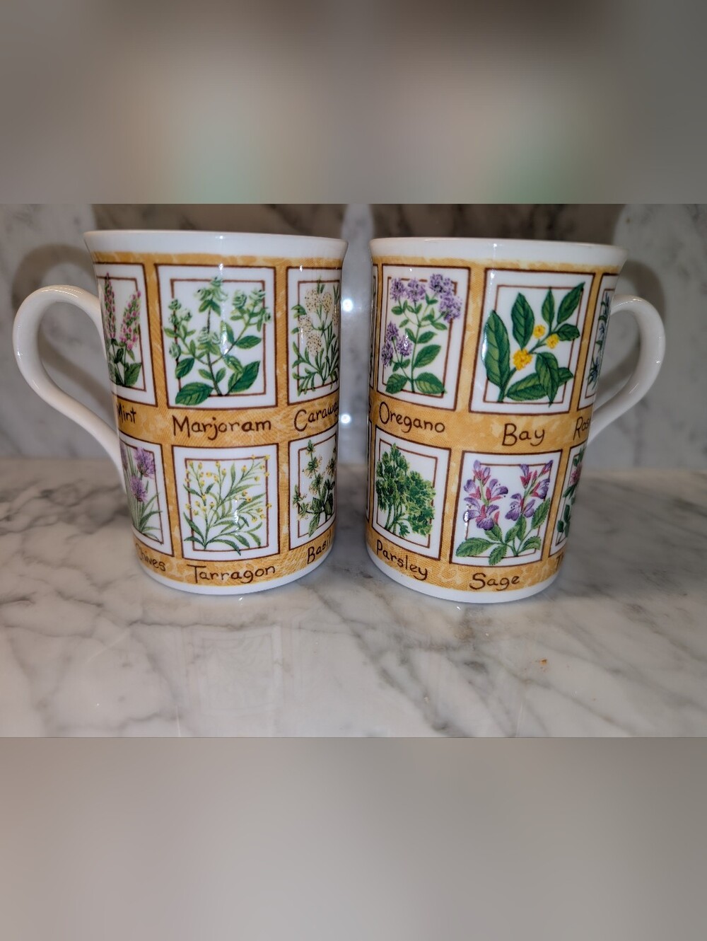 🌿 Vintage Royal Crown E&R Herb Print Mugs Fine Bone China England Made Set of 2